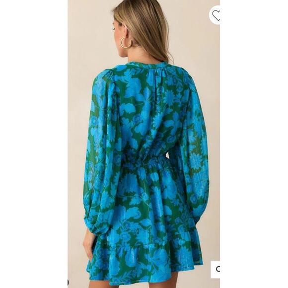Sugar Lips Long Sleeve Teal & Green Chiffon Mini Dress. Ruffle. Bright. Large. - Picture 5 of 9